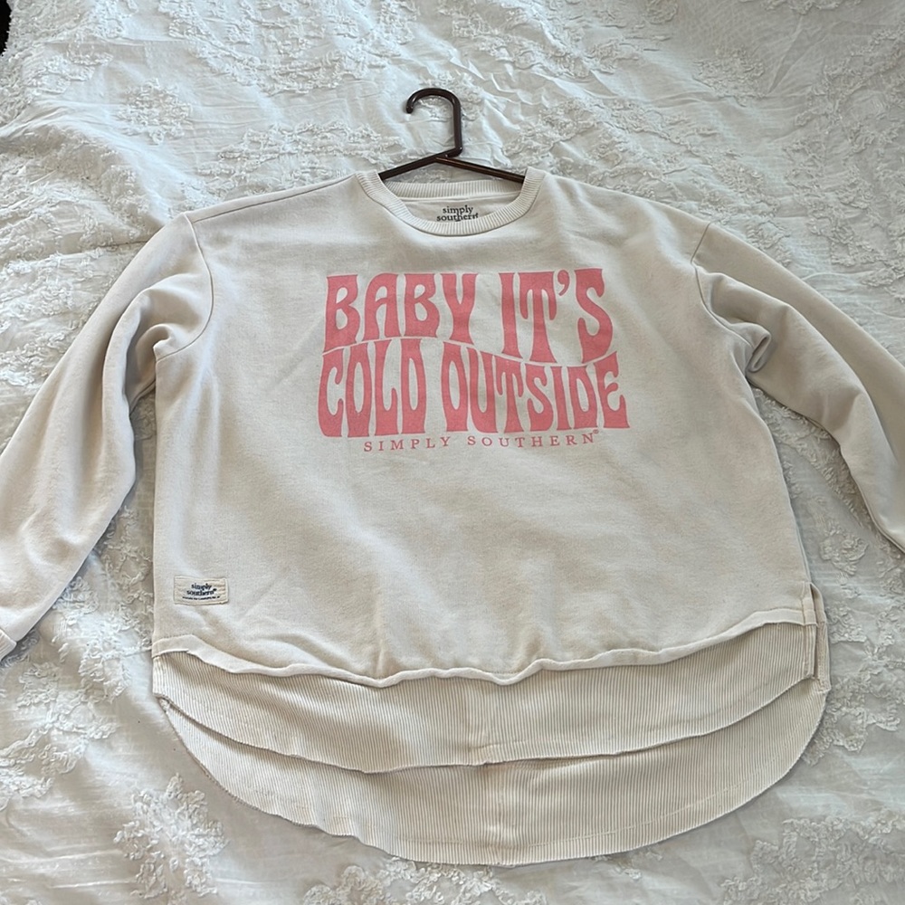 Simply southern sweater, size small, warn once , tan fabric with pink lettering
